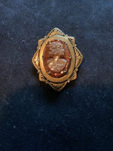 Vintage Zelluloid Kamee Pin Kunst Kamee goldfarben Rahmen frühes Kostüm Schmuck - Bild 5 von 8