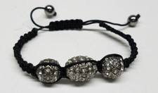 RHINESTONE CRYSTALS Lady Girls BRAIDED ROPE BEAD BRACELET Black  Silver NEW