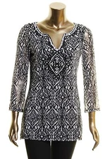 INC NWT Black And White,Women's Sheer Embellished Front Tunic Blouse Top S