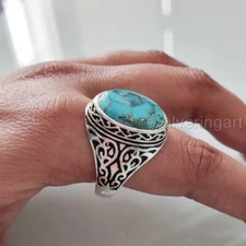 BLUE COPPER TURQUOISE GEMSTONE 925 STERLING SILVER GIFT TURKISH HEAVY MENS RING