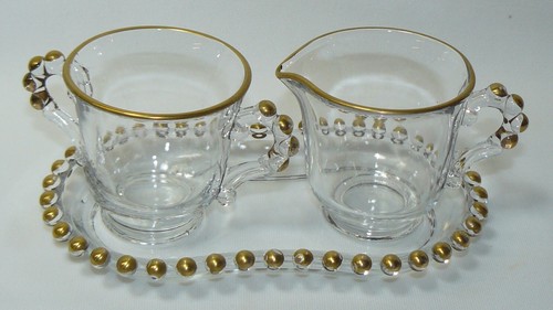 Imperial Candlewick Gold Trimmed Individual Sugar Creamer and Tray - Picture 2 of 4