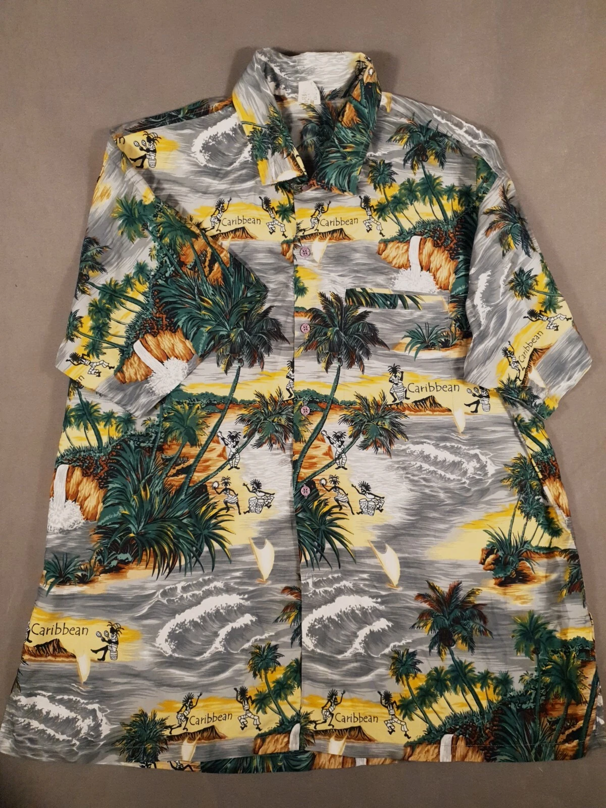 VTG Hawaiian Shirt Mens 2XL Grey Palm Trees Caribbean All Over Print 90s Funky