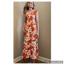 Vintage Royal Hawaiian Floral Maxi Dress Sz 8 Barkcloth Orange White Floral Tiki