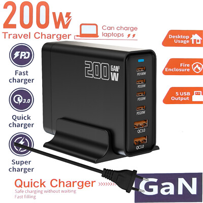 USB C Ladegerä 200W PD GaN Schnell Ladestation Notebook Desktop Netzteil Kabel