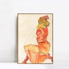 Framed Canvas Print Kneeling Female in Orange-Red Dress by Egon Schiele 24"x32"