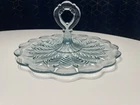 Jeannette Glass Light Blue Feather Handle Tidbit Sandwich Plate Tea Tray Vtg