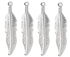 Charm, Shiny Silver Plated Brass Single Sided 32x7mm Feather Charms