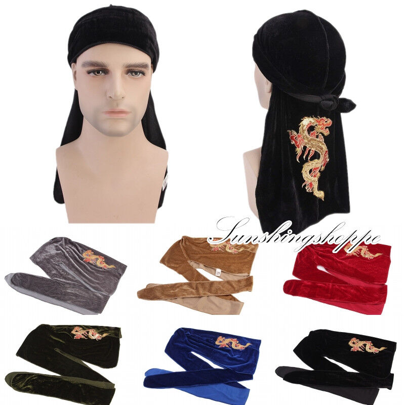 Men Velvet Chinese Dragon Turban Durag Hair Loss Hat Headwear