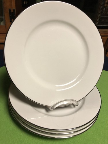 Pottery Barn Dinner Plates Monno Bangladesh Set of 4 White w/Silver Rims 10.25"
