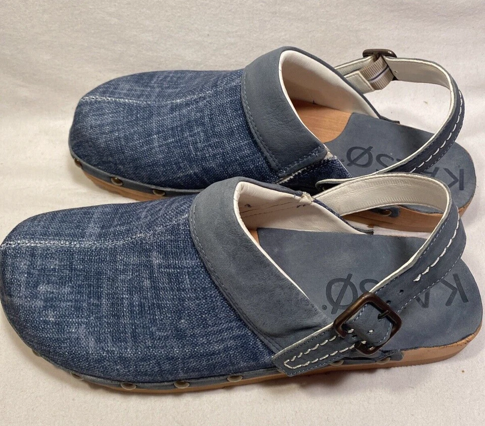 NEW KALSO Women sz 9 Shanti BLUE FABRIC DENIM Mules Clogs Negative Heel - Image 2 of 4