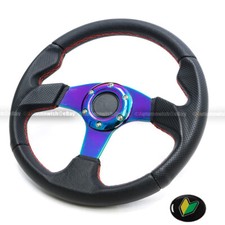 Universal Neo Chrome 320mm Pvc Leather Red Stitches 6 Hole Steering Wheel Horn