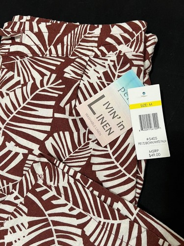 Per Se Linen Blend Drawstring Brown/White Palm Wide Leg Stretch Pants Size M-NWT - Picture 3 of 15