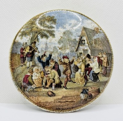 Antiker PrattWare Topfdeckel Die Dorfhochzeit (nach David Teniers) 1850er