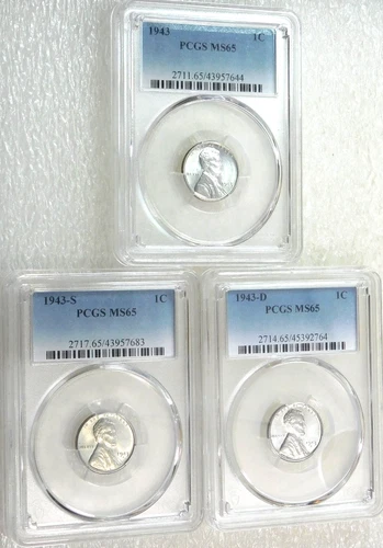 1943 P, D, S Lincoln Wartime Steel Cent PCGS MS65 Frosty set of 3 coins #W259G