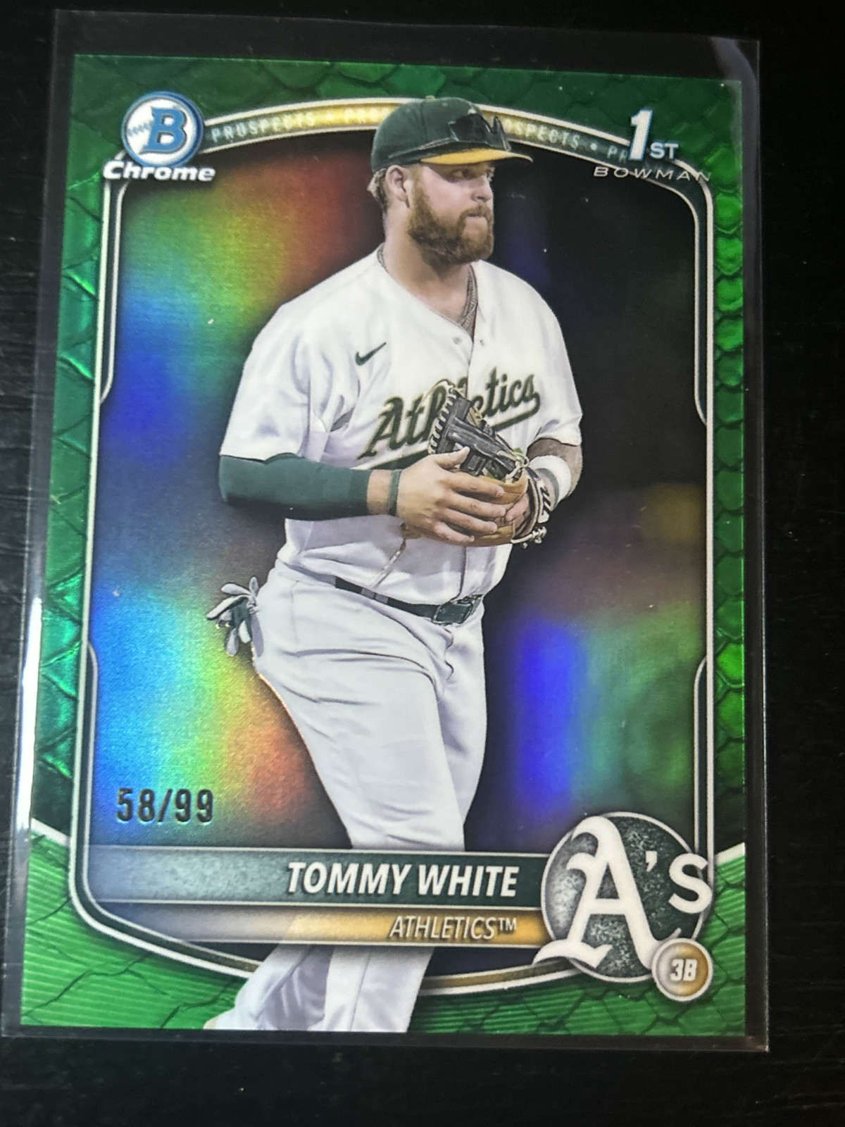 Tommy White 2025 Bowman Chrome #BCP-251 Green Reptilian /99 1st Rookie RC A's