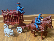 Vintage Cast Iron Overland Circus Horse Drawn Wagon 3 Men 1 Bear USA No Reigns