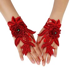 Ethnic Style Floral Bracer Hollow Lace Gloves Embroidery Flower Gloves Folk Red