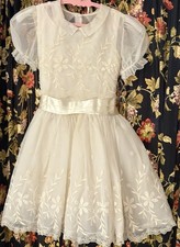 Vintage Flower Girl Communion Dress Lace Ivory Chiffon Apron Puff Sleeves Slip