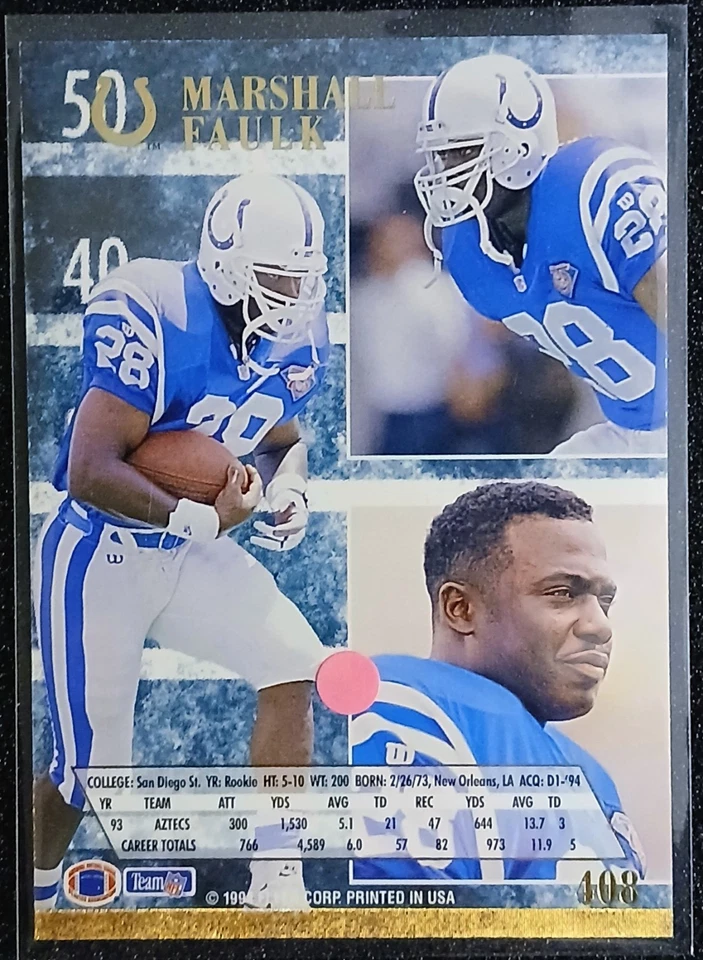 Marshall Faulk Rookie Colts Rare Gold Foil 1994 Fleer Ultra RC Rams SP #408 MINT - Image 2 of 2