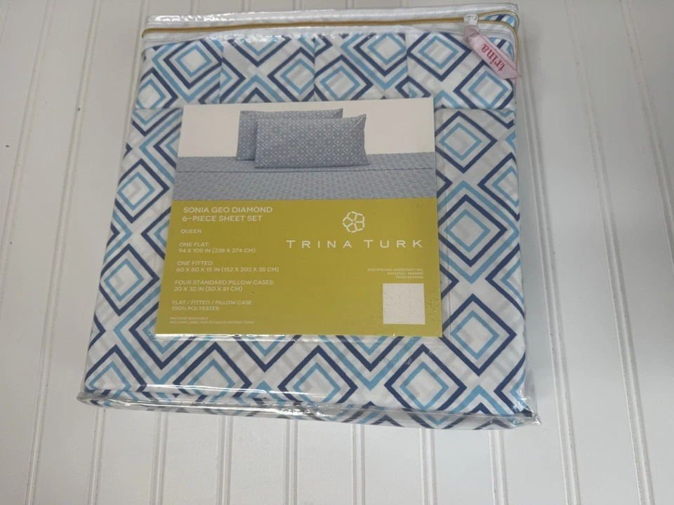 Juego de sábanas Trina Turk 6 piezas Sonia Queen azul blanco diseño geométrico NUEVO 1372 Foto 2 de 2