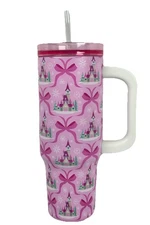 Disney Parks Pink Castle Bow Christmas Tumbler 30oz Handle Straw Cup Holiday