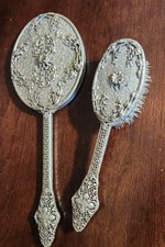 Beautiful Vintage Filigree Vanity Brush And Mirror Set Silver Tone Large
