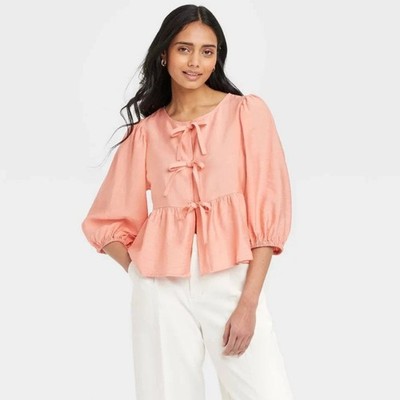 A New Day Women's Elbow Sleeve Peplum Tie Front Blouse Pink Size Medium