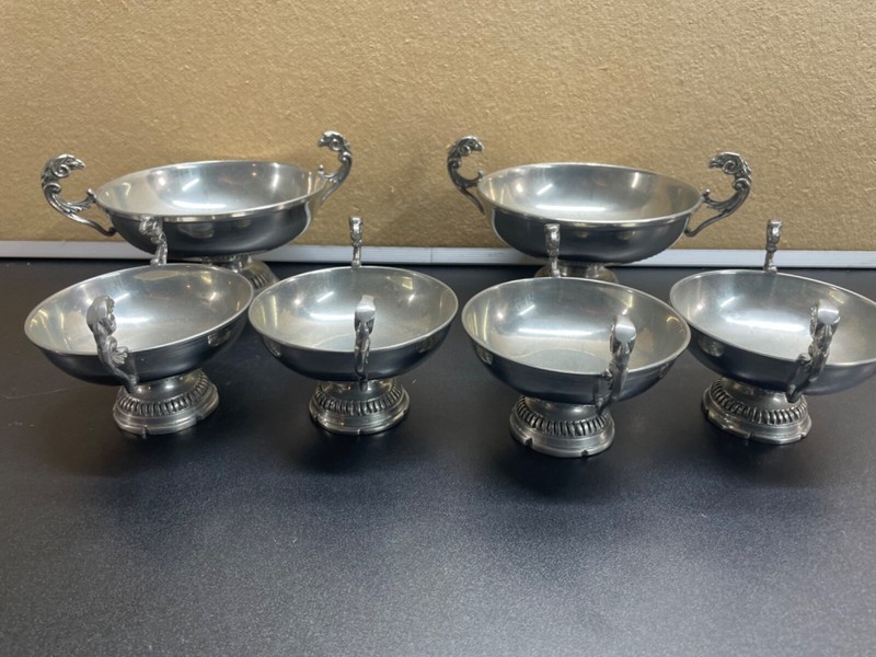 Etain French Pewter Rams Heads Loving Cup Trinket Dish and large Dish set of 6