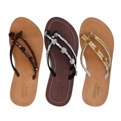 Damen Sandalen Flipflops Leder Fußbett Handgefertigt Pailletten Riemchen