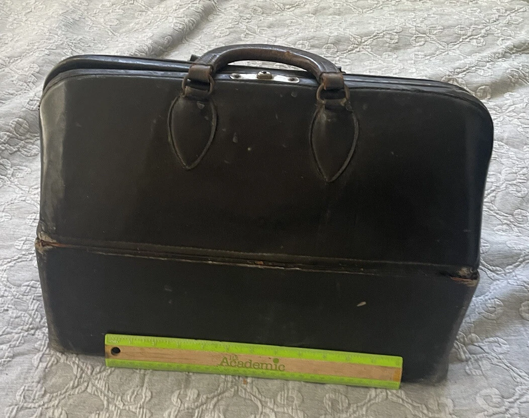 Antique Doctor Physician Black Leather Medical Bag House Calls Traveling Case