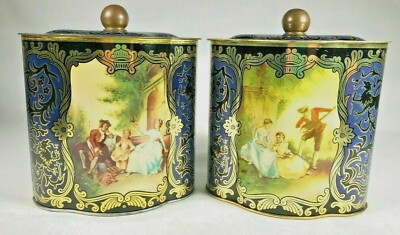 PAIR Vintage West German Victorian Court Scene Tea Biscuit or Candy TINS Scallop