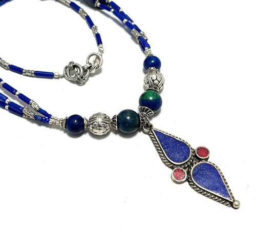 Ethnic Lapis Lazuli gemstone tibetan 925 sterling silver necklace jewelry 18 inc - Picture 5 of 6
