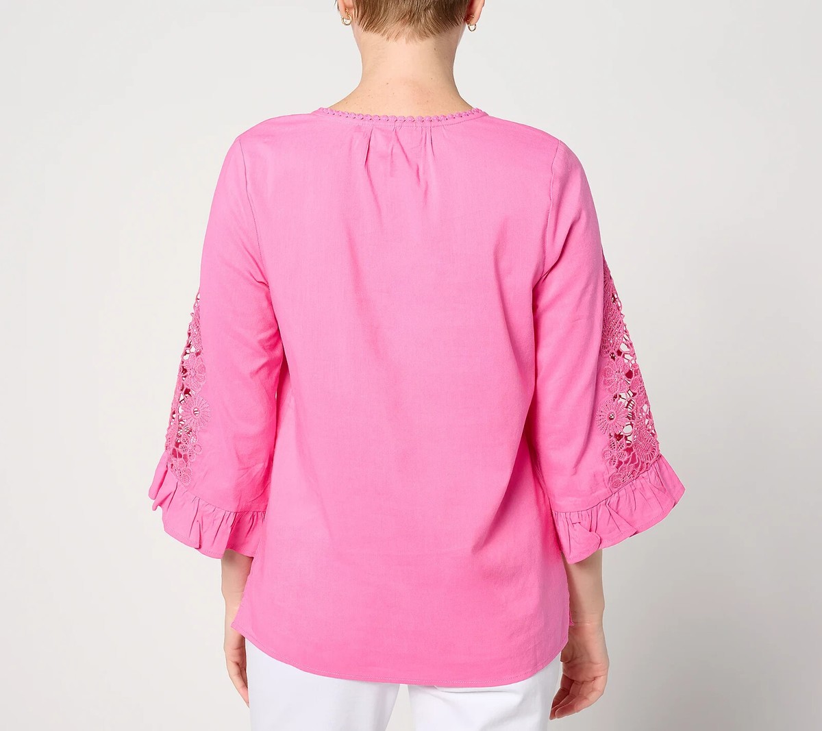 Belle by Kim Gravel Cut to the Lace Ruffle Sleeve Woven Top-Pink