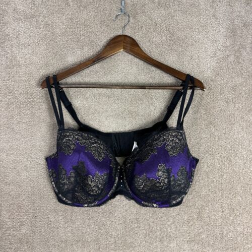 Cacique Balconette Bra Size 44DDD Black/Purple Smooth Lined Lace Trim Underwire