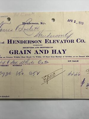 1910 Henderson, Kentucky Henderson Elevator Company Grain & Hay Bill Head