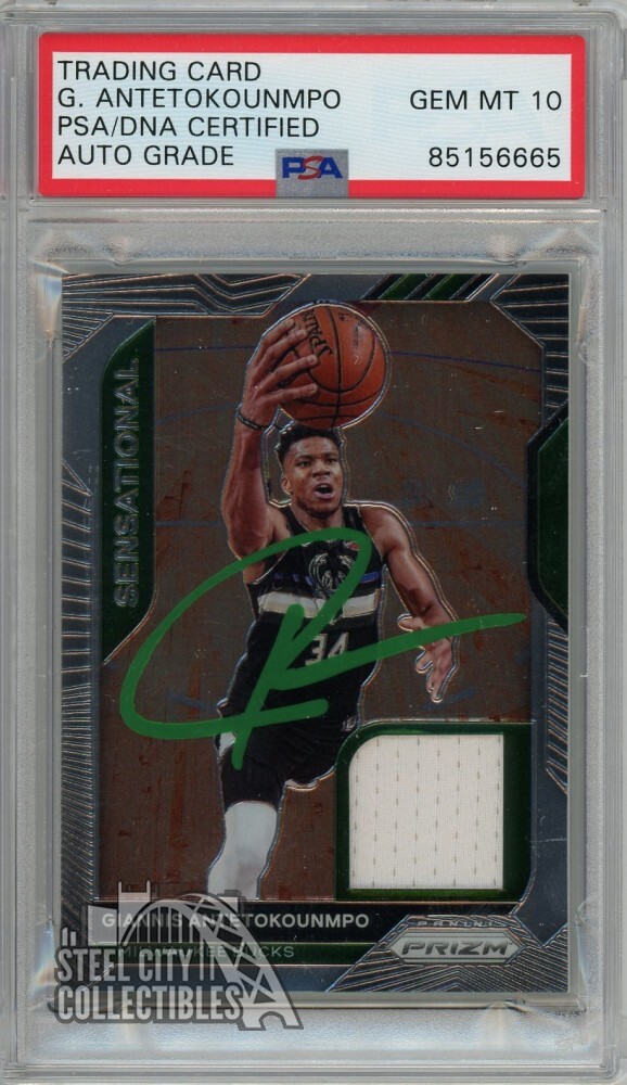 Giannis Antetokounmpo 2020-21 Panini Prizm Jersey Auto Card PSA/DNA 10 (Green)