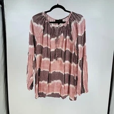 Lane Bryant Blouse Top Plus 16 Striped Balloon Sleeve Tassel Tie Neck Boho Pink