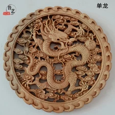Chinese Hand Carved Dragon Statue Camphor Wood Round Plate Wall Sculpture