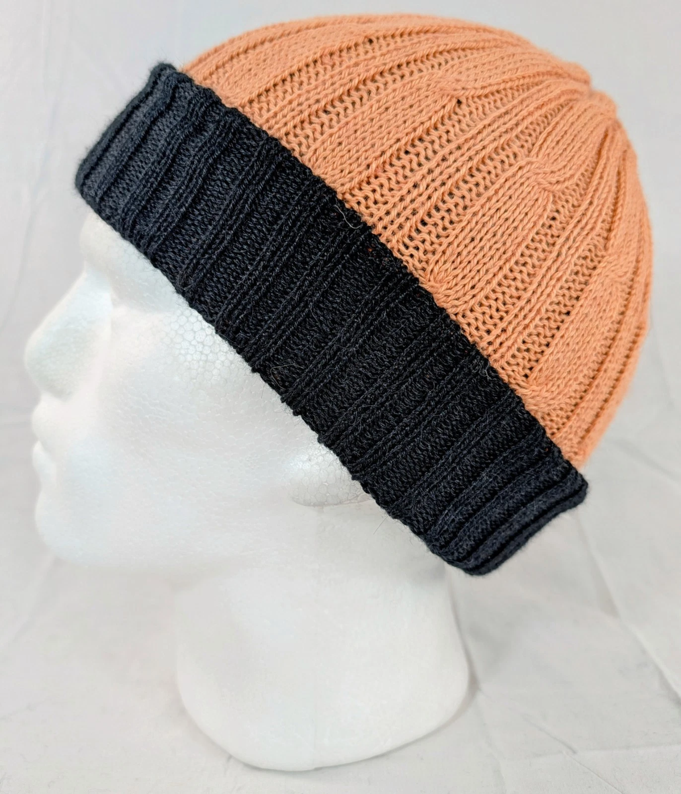 Extra Soft Baby Alpaca Reversible Cable Knit Beanie Peach Black Handmade Unisex