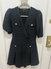 Maje Black Tweed Mini Dress 34 Puff Sleeve Gold Button Fit & Flare V-Neck Bouclé