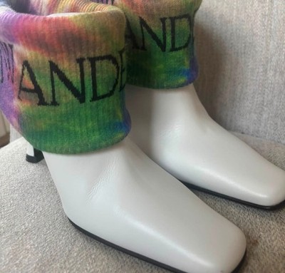 Jwanderson Women's white  Ankle Bootie Knit Logo Cuff Square Toe Stiletto