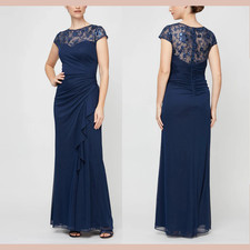 NEW 199 Alex Evenings  14  Embroidered Illusion Evening Gown Navy Blue Q1276