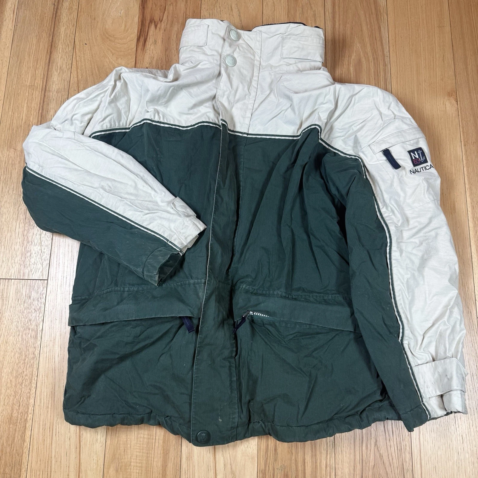 VTG Nautica Jacket Mens Large Sherpa Lined Full Zip Packable Hood