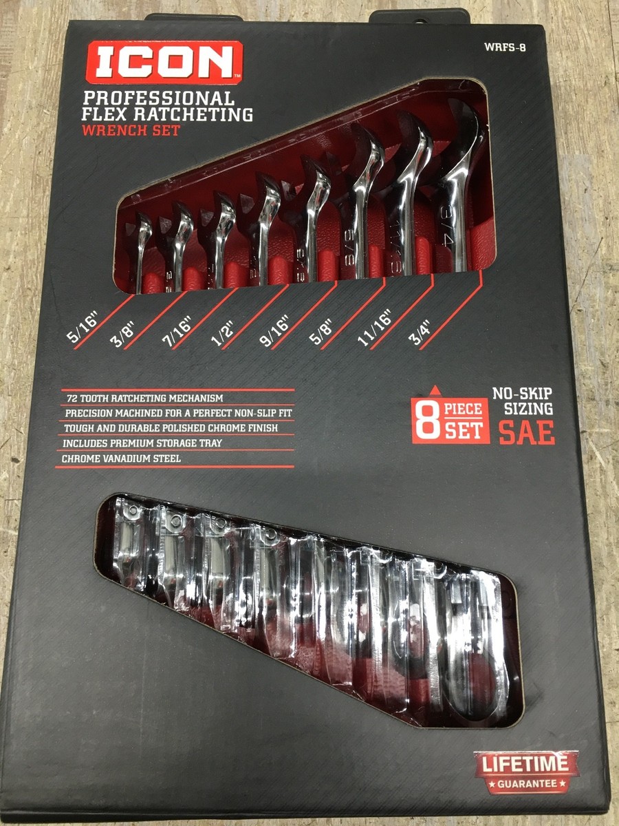 ICON WRFS-8 PROFESSIONAL FLEX RATCHETING WRENCH SET 8 PIECE SAE