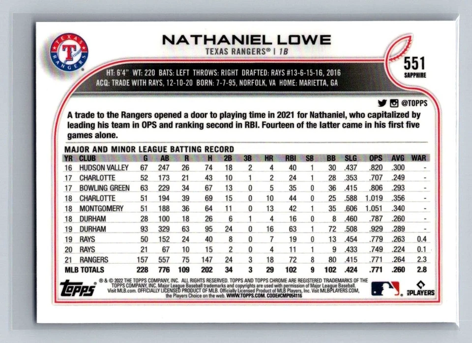 2022 Topps Chrome Sapphire Edition Nate Lowe Nathaniel Lowe #551 - Image 2 of 2