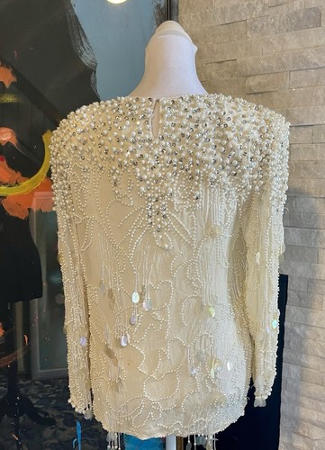 VTG 1980s Oleg Cassini Cream Silk Pearl Beaded And Sequin Blouse Size Small - Picture 11 of 22