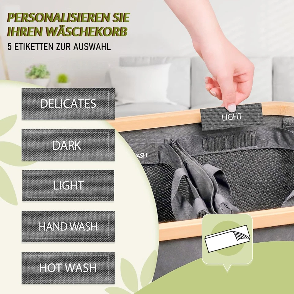 Wäschekorb mit Deckel 156L Extra Wäschesammler 3-Fächer Wäschesack Wäschebox - Bild 3 von 4