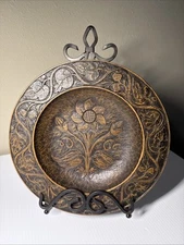 Reproduction Treenware Bowl/Plate w/Raised Flower Design And Bronze Finish Stand