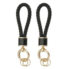 2 Pack Braided Leather Keychain for Car Bag Wallet Gold Black