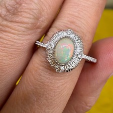 925 Sterling Silver Ring 7x5mm Natural Opal Gemstone Zircon Women Bridal Jewelry